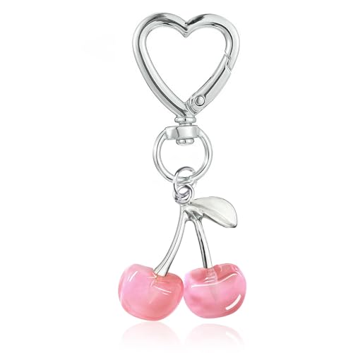 Agromusk Cute Cherry Keychain,Kawaii Cherry Bag Purse Charms for Women Car Keys Decor Gifts Stuff Accessories (Silver Pink) - Image 1