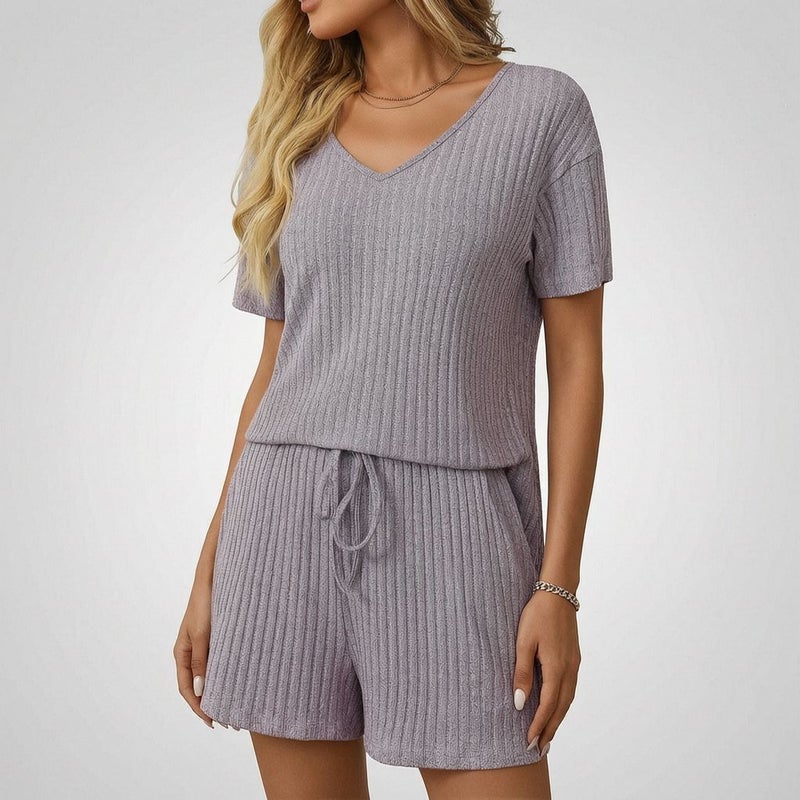Women's Summer New Solid Color Ribbed Sleepwear Short Sleeve Home Wear Set