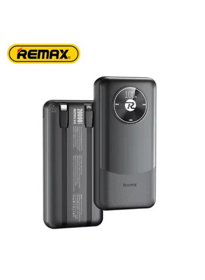 ريماكس USB-A بقوة 22.5 واط مع كابلين مدمجين من النوع C وبطارية 20000 مللي أمبير، أسود - RPP-38
