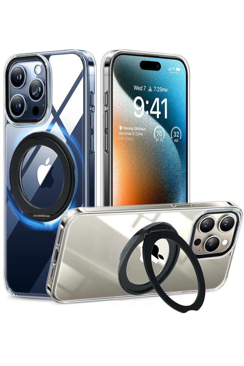 Aztech حامل مغناطيسي دوار 360° مطور من AZTECH لحافظة iPhone 13 Pro، [مع حامل مدمج وحامل حلقة][متوافق مع MagSafe][مقاوم للصدمات بمعيار عسكري] أسود شفاف، واضح