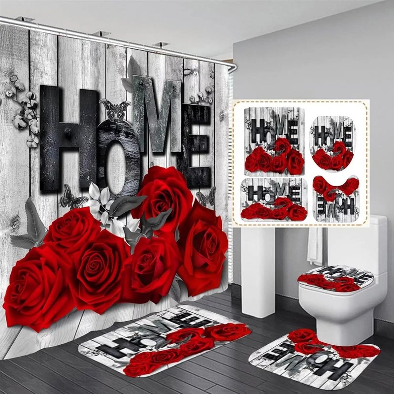 Y&D 4 Pcs Happy Valentine's Day Shower Curtain Set with Non Slip Rugs Toilet Lid Cover Bath Mat U Shaped Mat Bathroom Curtain - Image 1
