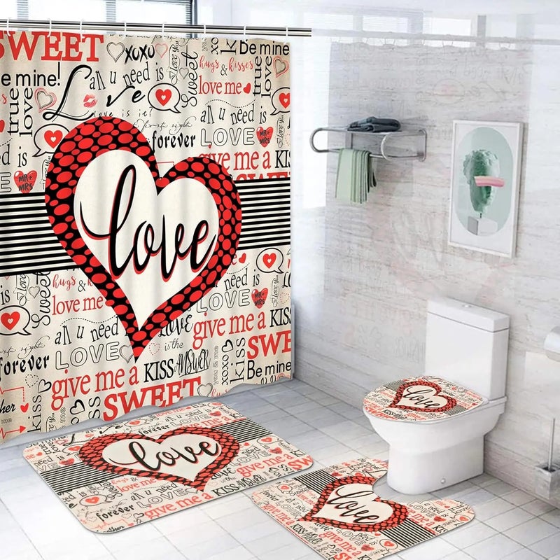Y&D 4 Pcs Happy Valentine's Day Shower Curtain Set with Non Slip Rugs Toilet Lid Cover Bath Mat U Shaped Mat Bathroom Curtain - Image 2