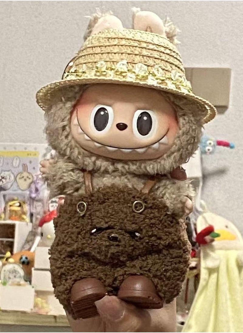 LABUBU Labubu "Grass Hat Bear" Outfit: Brown Plush Overalls Bear & Lace-Trimmed Straw Hat - For 17cm Doll (Doll/Shoes Not Incl.) 