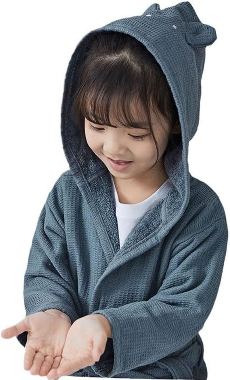 Kids Hooded Bathrobe: Blue Size L Ultra Soft Cotton - Cozy Toddler Bathrobe for Bath Time Morning Wear - Image 2
