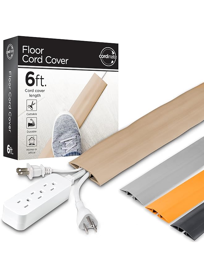 erorex 6Ft Floor Cord Cover Cable Protector Hide Extension Cords Protect Cords Prevent Cable Trips Heavy Duty Cord Hider Cable Cavity = 0.75 Inch W X 0.43 Inch H Tan - Image 1