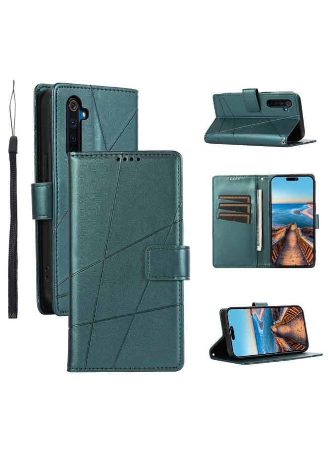 HuHa Case Cover For Realme 6 Pro PU Genuine Leather Texture Embossed Line Phone Case Green 