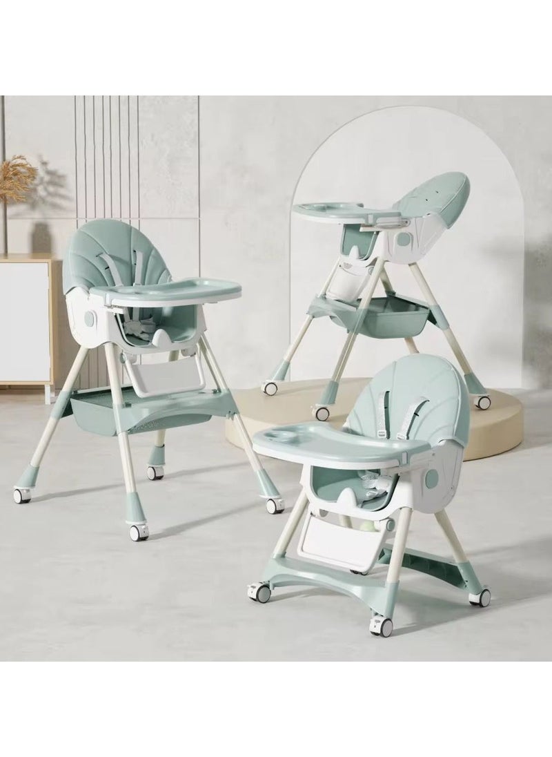 Kidilo Kidillo 6-Position Foldable High Chair for Newborn Feeding, Removable and Adjustable Double Meal Tray, Reclining Design with Premium Wheels, Green  - Image 1