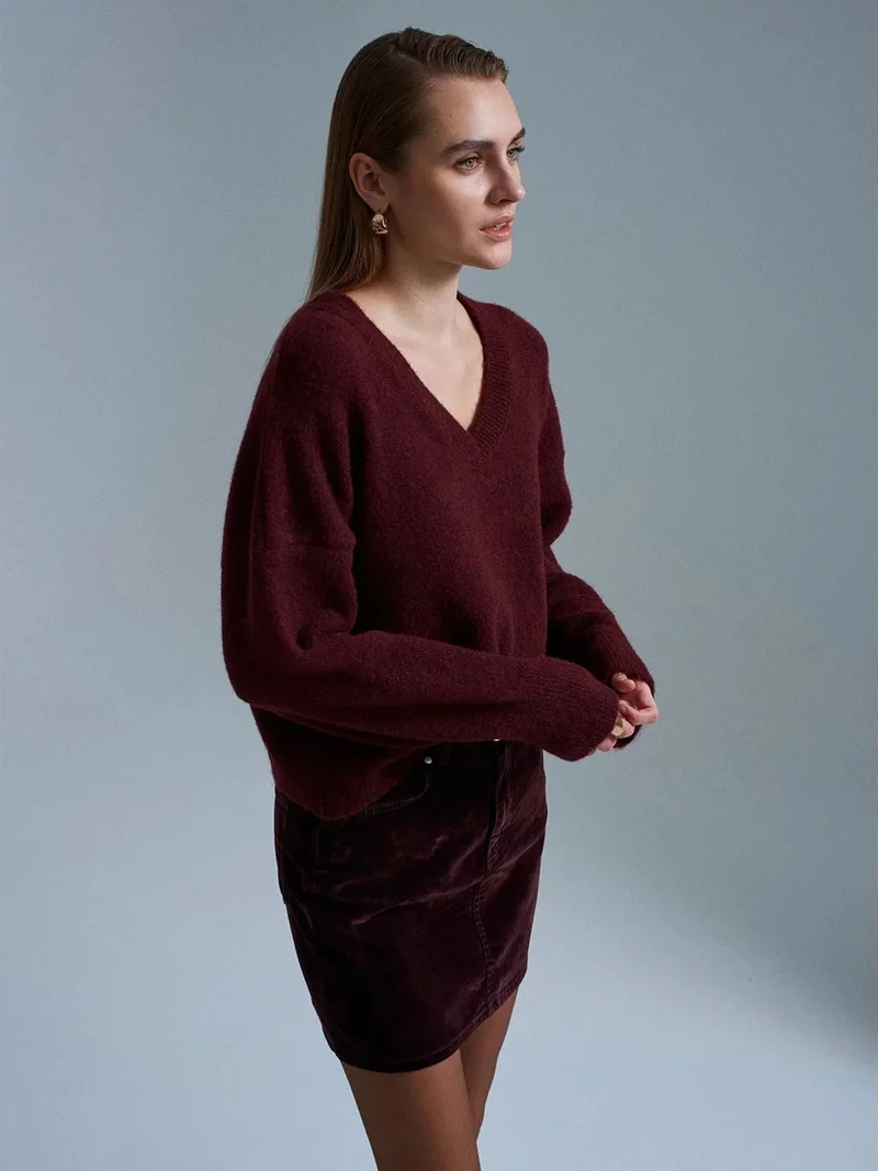 ديلفين DILVIN Women's V-neck Ribbed Knit Sweater