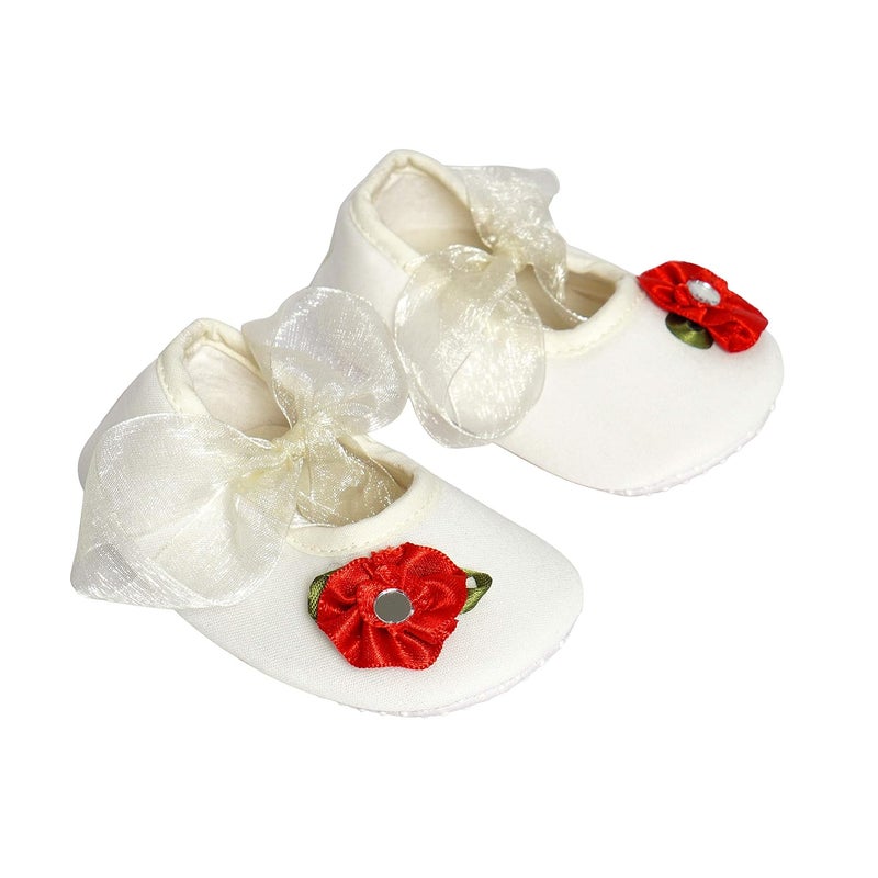 Rsmart Infant New Baby Toddlers Boys and Girls Cotton White Sandal Ribbon Booties With Red Flower Patch [RSM_47] - Image 1