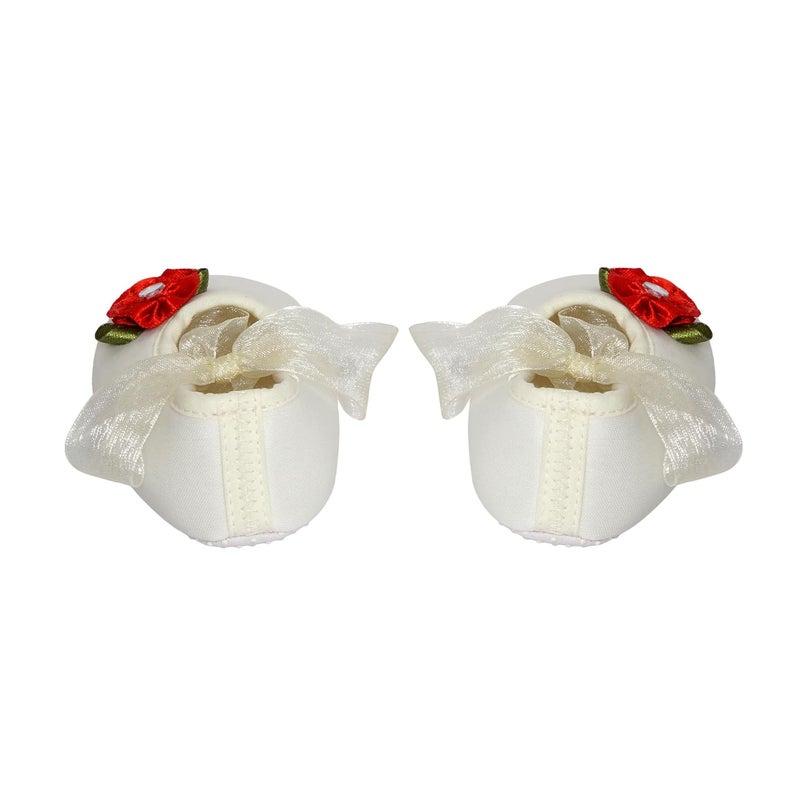 Rsmart Infant New Baby Toddlers Boys and Girls Cotton White Sandal Ribbon Booties With Red Flower Patch [RSM_47] - Image 3