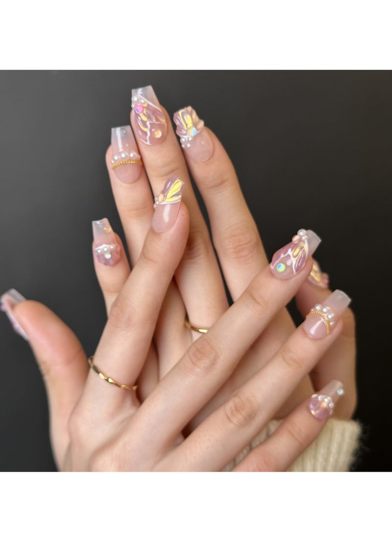 جوسكوين أظافر اصطناعية، أظافر مزيفة 10 قطع، أظافر مصنوعة يدويًا بالكامل مع مجموعة غراء، تصميم تابوت وردي مع طرف ذيل سمكة ثلاثي الأبعاد الملون، أظافر مزيفة مصنوعة يدويًا بشكل رائع، قابلة لإعادة الاستخدام للنساء. - Image 3