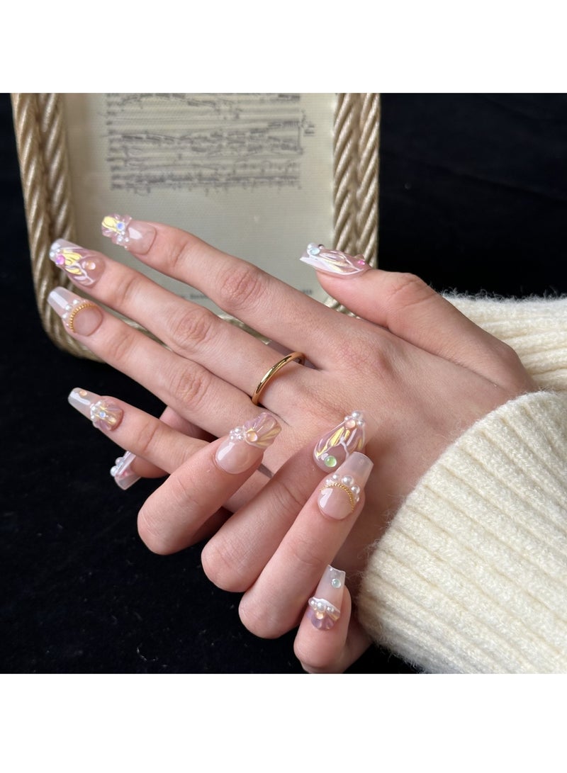 جوسكوين أظافر اصطناعية، أظافر مزيفة 10 قطع، أظافر مصنوعة يدويًا بالكامل مع مجموعة غراء، تصميم تابوت وردي مع طرف ذيل سمكة ثلاثي الأبعاد الملون، أظافر مزيفة مصنوعة يدويًا بشكل رائع، قابلة لإعادة الاستخدام للنساء. - Image 2