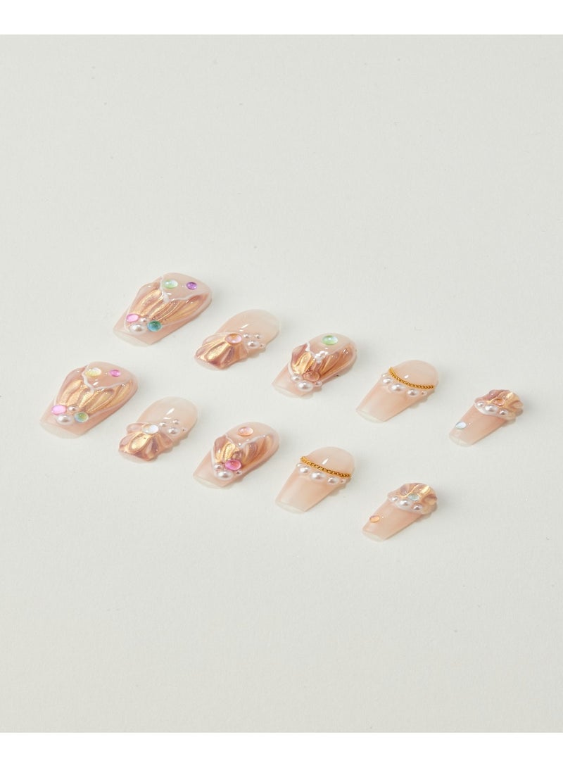 جوسكوين أظافر اصطناعية، أظافر مزيفة 10 قطع، أظافر مصنوعة يدويًا بالكامل مع مجموعة غراء، تصميم تابوت وردي مع طرف ذيل سمكة ثلاثي الأبعاد الملون، أظافر مزيفة مصنوعة يدويًا بشكل رائع، قابلة لإعادة الاستخدام للنساء. - Image 4