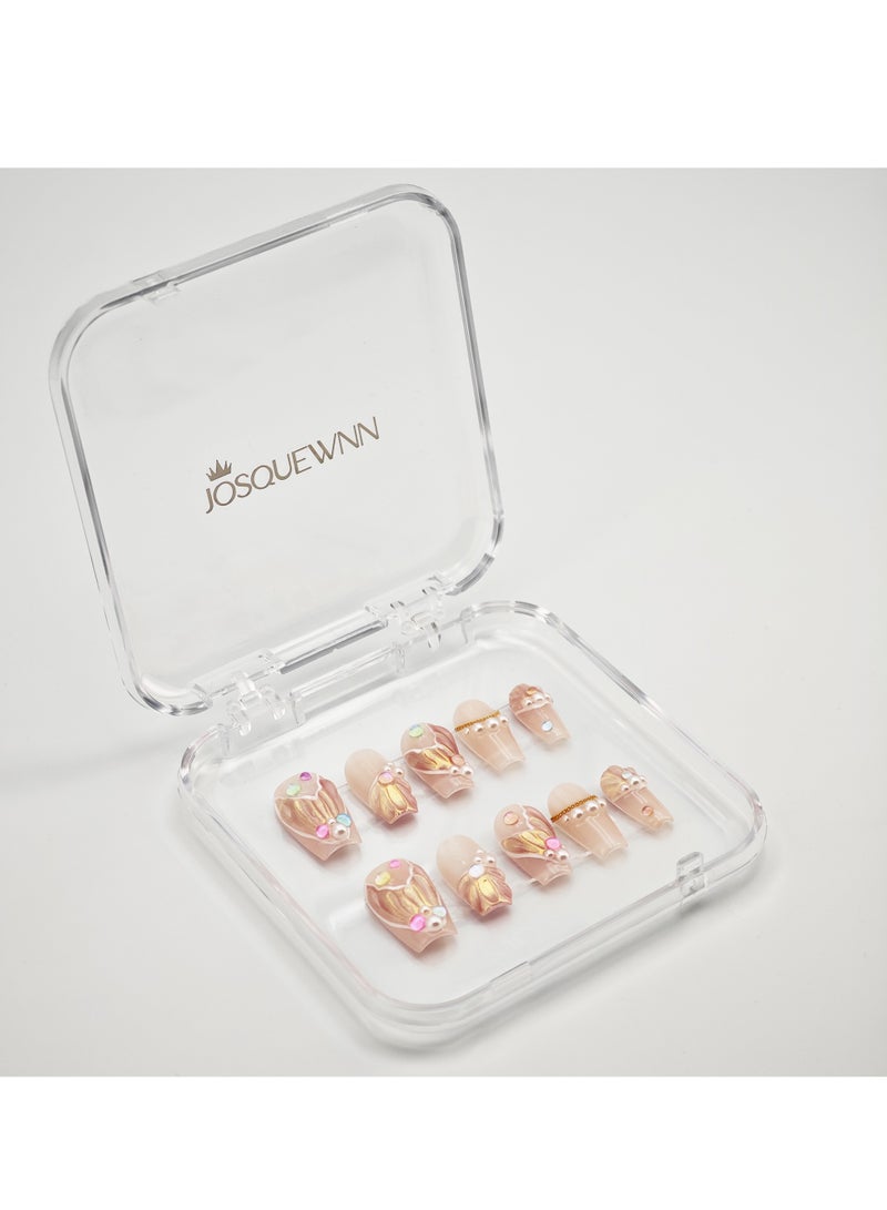 جوسكوين أظافر اصطناعية، أظافر مزيفة 10 قطع، أظافر مصنوعة يدويًا بالكامل مع مجموعة غراء، تصميم تابوت وردي مع طرف ذيل سمكة ثلاثي الأبعاد الملون، أظافر مزيفة مصنوعة يدويًا بشكل رائع، قابلة لإعادة الاستخدام للنساء. - Image 5