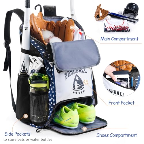 VIGEGARI Baseball & Softball Bag for Youth & Adult with 4 Bat Sleeves - Large, Black, Baseball Backpack with Shoe Compartment - Image 2