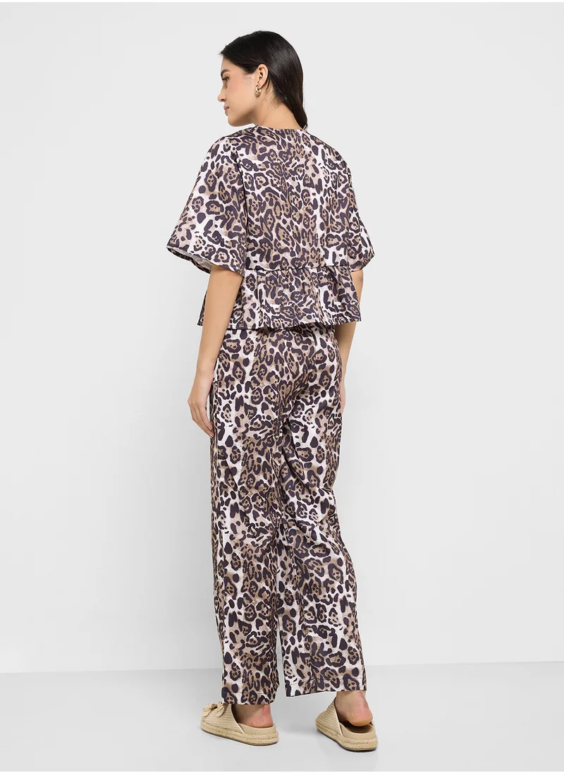Ginger Leopard Print Tie Up Blouse & Relaxed Fit Pant Co-ord Set