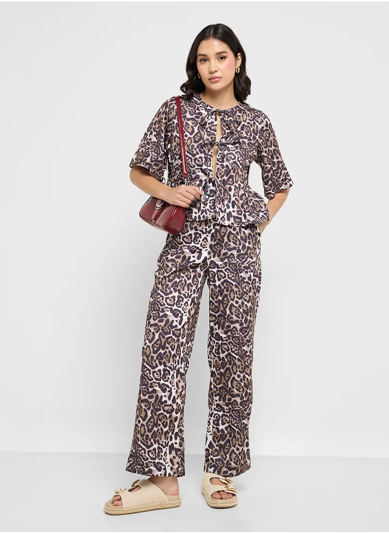 Ginger Leopard Print Tie Up Blouse & Relaxed Fit Pant Co-ord Set