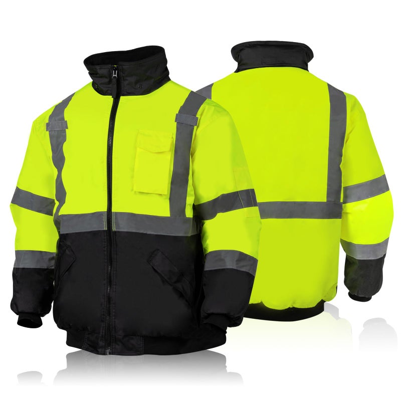 FONIRRA High Visibility Safety Jackets for Men with Fleece LinerANSI Class 3 Reflective Waterproof Bomber JacketYellowL