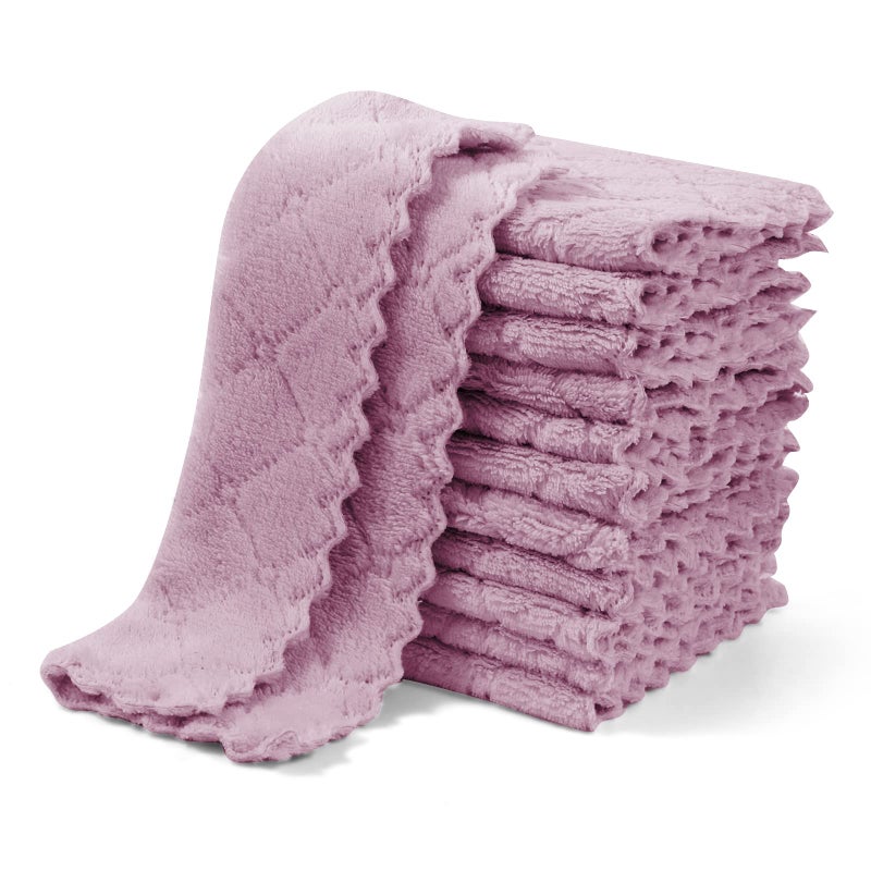 UMANI 12 Pack Kitchen Dish Cloths Ultra Soft Absorbent Quick Drying Dish Towels Nonstick Oil Microfiber Cleaning Cloth Machine Washable Coral Fleece Cleaning Rags Purple