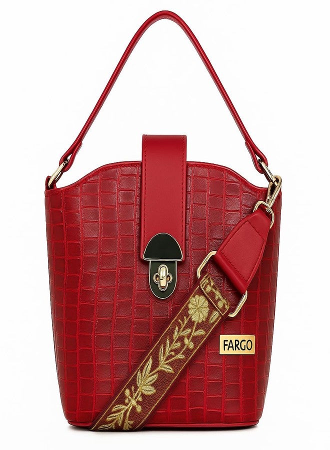 Fargo PU Women's Sling Bag Croco Textured Bucket Sling Bag (Maroon) - Image 1