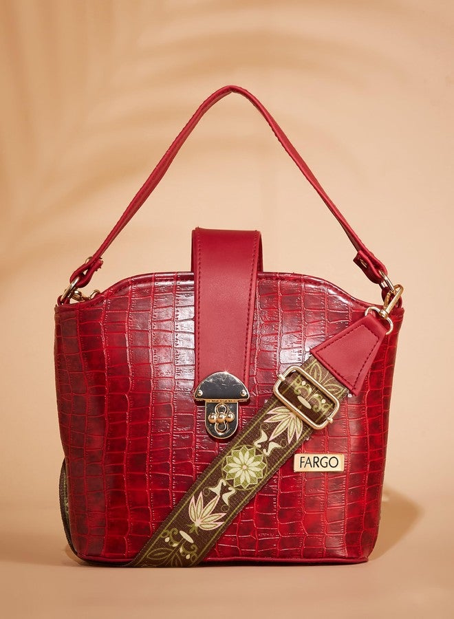 Fargo PU Women's Sling Bag Croco Textured Bucket Sling Bag (Maroon) - Image 3