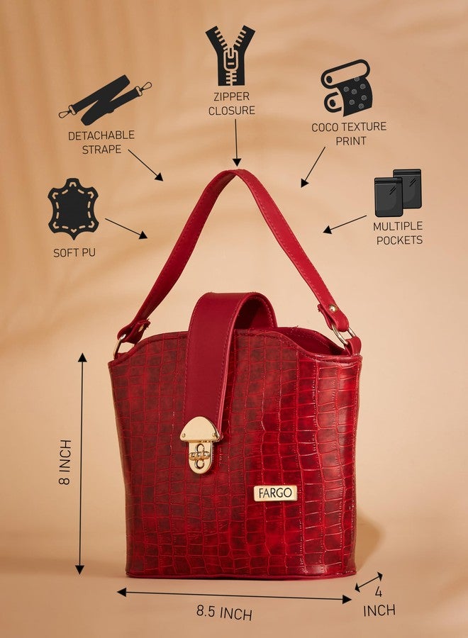 Fargo PU Women's Sling Bag Croco Textured Bucket Sling Bag (Maroon) - Image 4