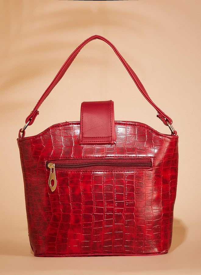 Fargo PU Women's Sling Bag Croco Textured Bucket Sling Bag (Maroon) - Image 5