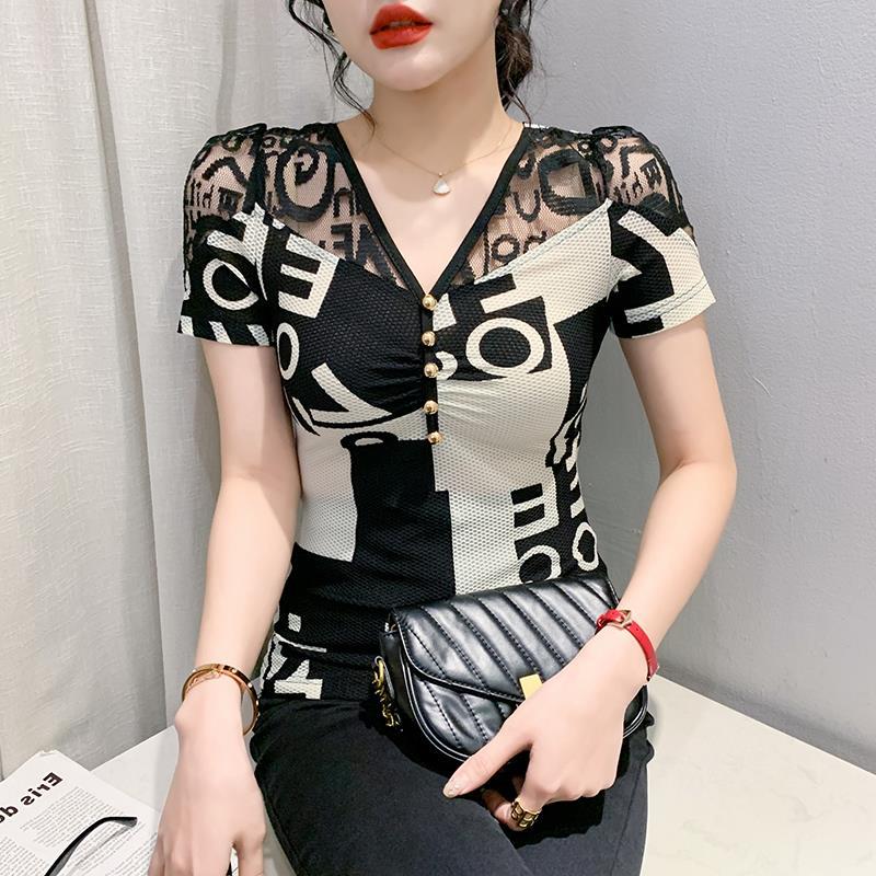 Of 2024 T-Shirt Original Design V Neck Mature Women'S Lace Splicing Short-Sleeved Women'S Fashion Shirt - Image 1