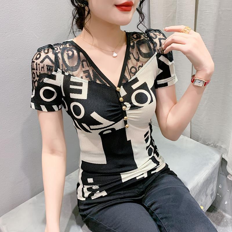 Of 2024 T-Shirt Original Design V Neck Mature Women'S Lace Splicing Short-Sleeved Women'S Fashion Shirt - Image 3