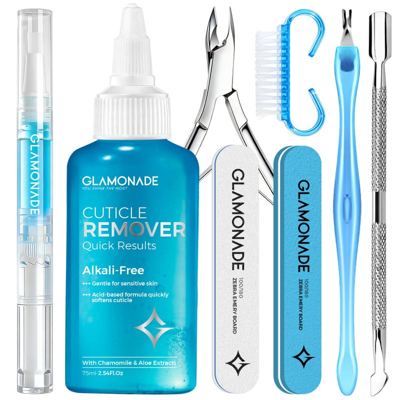 Glamonade Complete Cuticle Remover Kit Fast Gentle Professional Cuticle Care Set wRemover Gel Oil Pen Cuticle Nipper 2 Pushers Nail Brush File Buffer for Manicure Pedicure DIY - Image 2