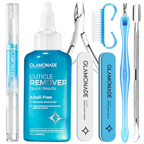 Glamonade Complete Cuticle Remover Kit Fast Gentle Professional Cuticle Care Set wRemover Gel Oil Pen Cuticle Nipper 2 Pushers Nail Brush File Buffer for Manicure Pedicure DIY - Image 1