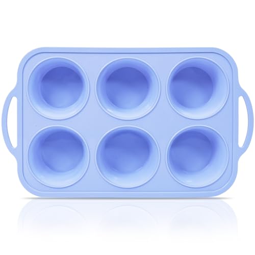 Vnray Jumbo Silicone Muffin Pan with Metal Frame Non Stick Silicone Cupcake Pan with Handles 6 Cup BPA Free Silicon Muffin Tin Tray Extra Large for baking egg bites Cupcake Mold Blue - Image 1