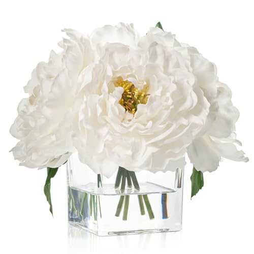 WELL KNOWN Artificial Peonies Flowers Arrangement in Cube Glass Vase, WELLKNOWN Ivory White Silk Flowers Centerpiece for Home Party Wedding Dining Coffee Table Decor, Faux Peony Flower Bouquet with Fake Water - Image 1