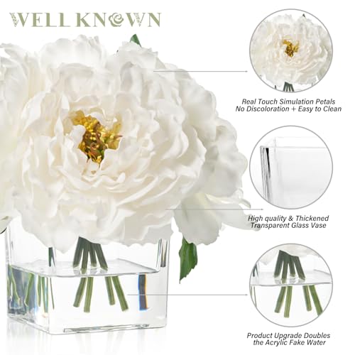 WELL KNOWN Artificial Peonies Flowers Arrangement in Cube Glass Vase, WELLKNOWN Ivory White Silk Flowers Centerpiece for Home Party Wedding Dining Coffee Table Decor, Faux Peony Flower Bouquet with Fake Water - Image 5