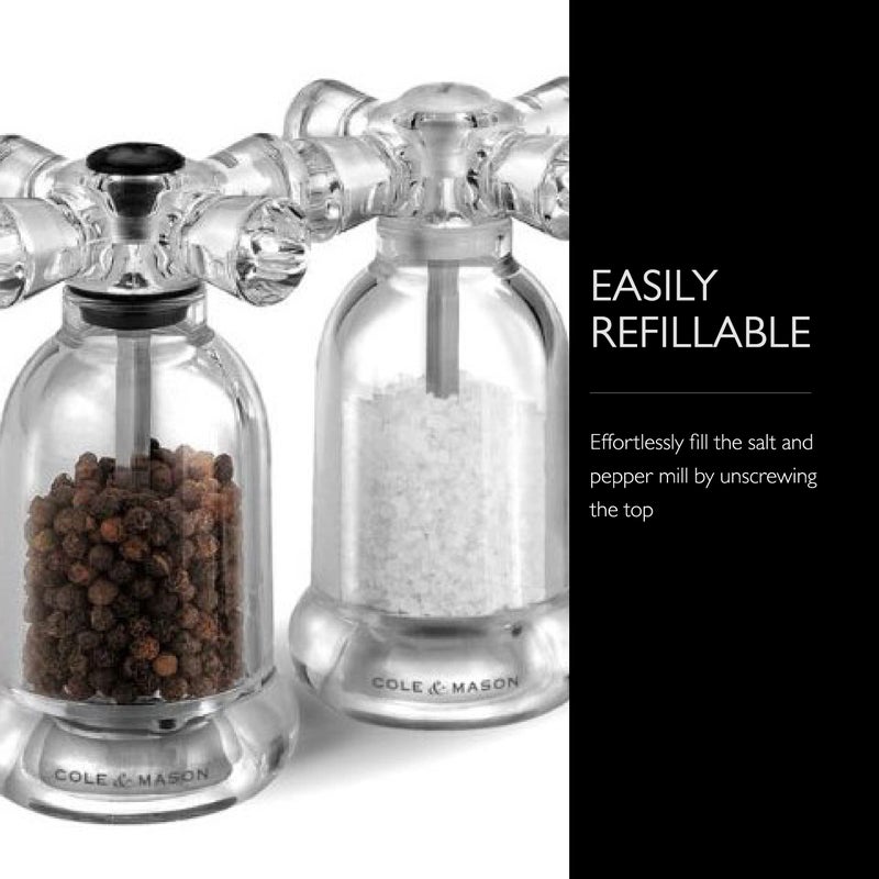COLE & MASON Tap Salt and Pepper Grinder Set - Acrylic Mills Include Precision Mechanisms and Premium Sea Salt and Peppercorns - Image 5