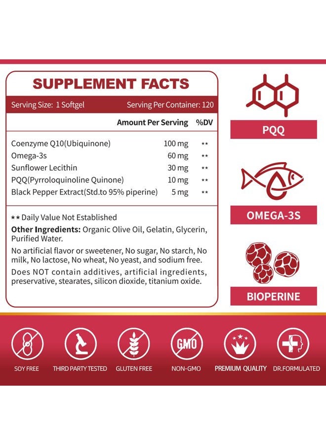 ZEBORA CoQ10-100mg-Softgels with PQQ, BioPerine & Omega-3, High Absorption Coenzyme Q10 Supplement, Powerful-Antioxidant, Support Heart & Energy-Production 120 Servings, Non-GMO - Image 3