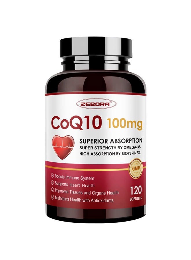 ZEBORA CoQ10-100mg-Softgels with PQQ, BioPerine & Omega-3, High Absorption Coenzyme Q10 Supplement, Powerful-Antioxidant, Support Heart & Energy-Production 120 Servings, Non-GMO - Image 1