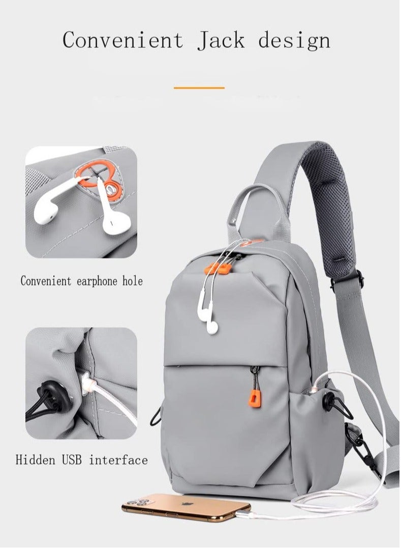 Grey Crossbody Backpack, Lightweight Shoulder Bag for Men Women, Adjustable Strap Backpack Chest Bag, With USB Charger Port, Scratch-Resistant, Waterproof, For Outdoor Hiking, Traveling, Cycling