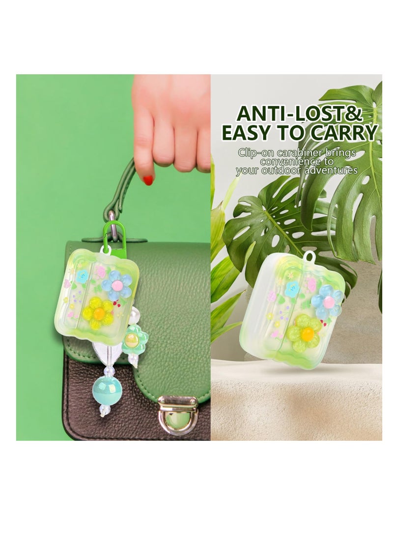 Excefore - Cute Cases for AirPods Pro, Curly Wave Frame Shape Flowers Cover with Heart Bead Pendant and Three-dimensional flowers, Girls Girly Liquid Glitter Bling Sparkle Design Case for AirPods Pro, Green - Image 1