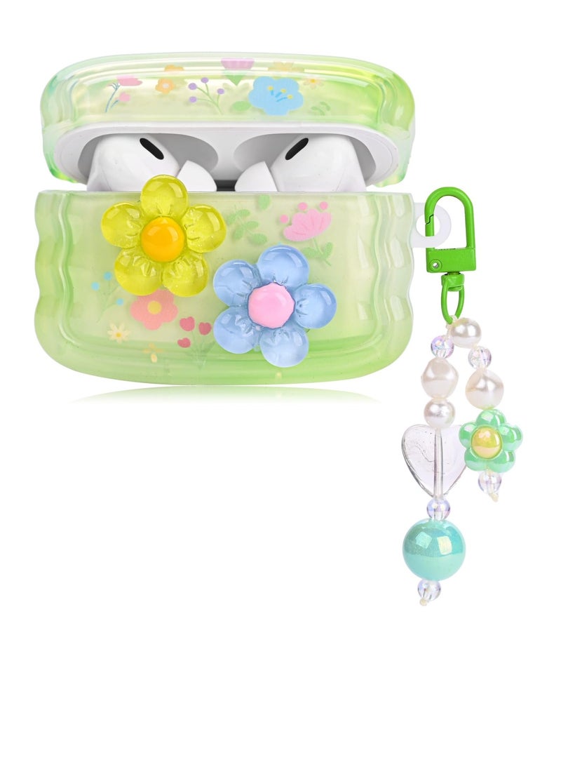 Excefore - Cute Cases for AirPods Pro, Curly Wave Frame Shape Flowers Cover with Heart Bead Pendant and Three-dimensional flowers, Girls Girly Liquid Glitter Bling Sparkle Design Case for AirPods Pro, Green - Image 1