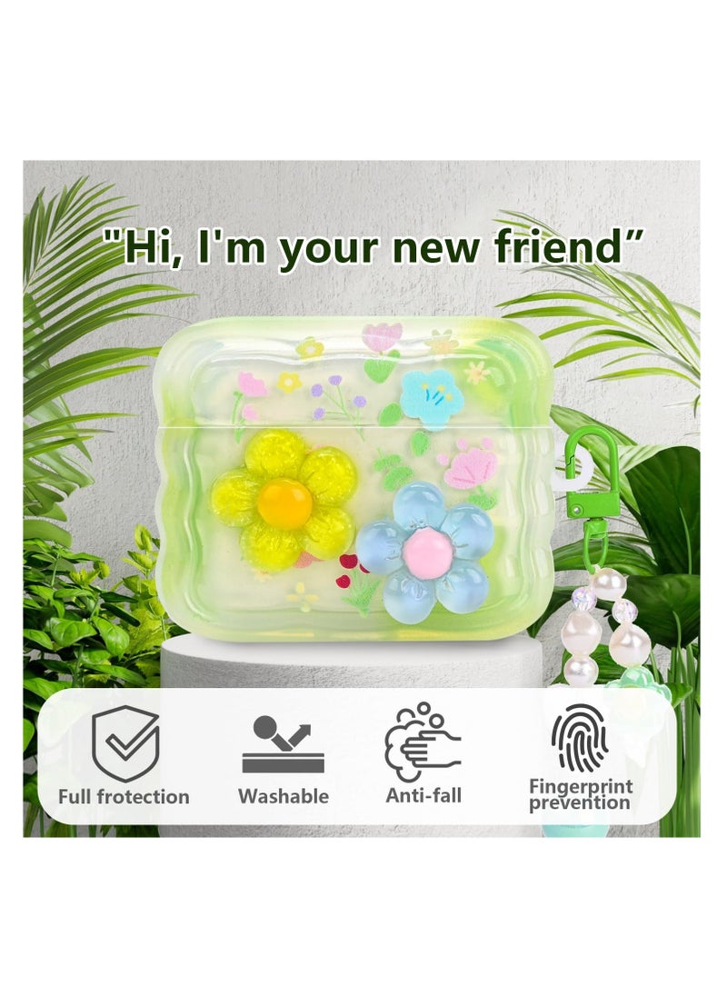 Excefore - Cute Cases for AirPods Pro, Curly Wave Frame Shape Flowers Cover with Heart Bead Pendant and Three-dimensional flowers, Girls Girly Liquid Glitter Bling Sparkle Design Case for AirPods Pro, Green - Image 1
