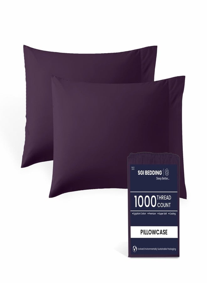 SGI bedding طقم أغطية وسائد SGI Bedding، قطن مصري 100%، مقاس كوين، قطعتان - 1000 خيط، إغلاق مفتوح من الطرف، نسيج ساتان فائق النعومة وفاخر، يسمح بمرور الهواء ومتين، جودة فندقية ممتازة (20 بوصة × 30 بوصة) - لون برقوقي - Image 1
