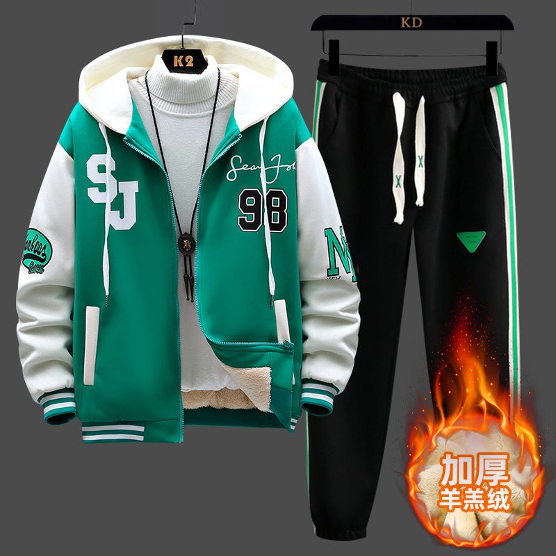 fleece-lined Sweatshirt Two-piece Set Men's Jacket Winter Coat Set Sports Teenager Long-sleeved Thickened Zipper Top - Image 1