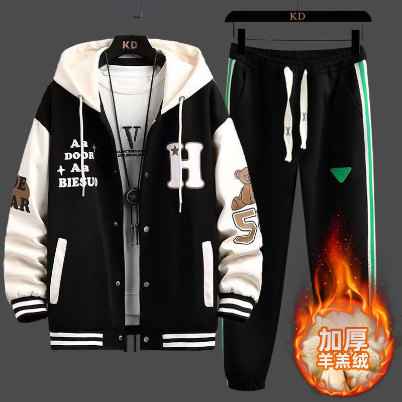 fleece-lined Sweatshirt Two-piece Set Men's Jacket Winter Coat Set Sports Teenager Long-sleeved Thickened Zipper Top - Image 2