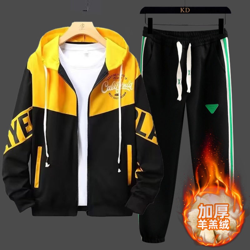 fleece-lined Sweatshirt Two-piece Set Men's Jacket Winter Coat Set Sports Teenager Long-sleeved Thickened Zipper Top - Image 4
