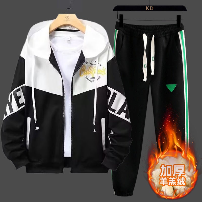 fleece-lined Sweatshirt Two-piece Set Men's Jacket Winter Coat Set Sports Teenager Long-sleeved Thickened Zipper Top - Image 3