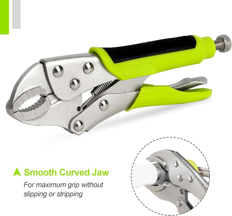 FASTPRO 4-Piece Locking Pliers Set with Heavy Duty Grip, 5", 7" and 10" Curved Jaw, 6-1/2" Long Nose Locking Pliers Included, Vise Grip Wrench Set, Green - Image 3