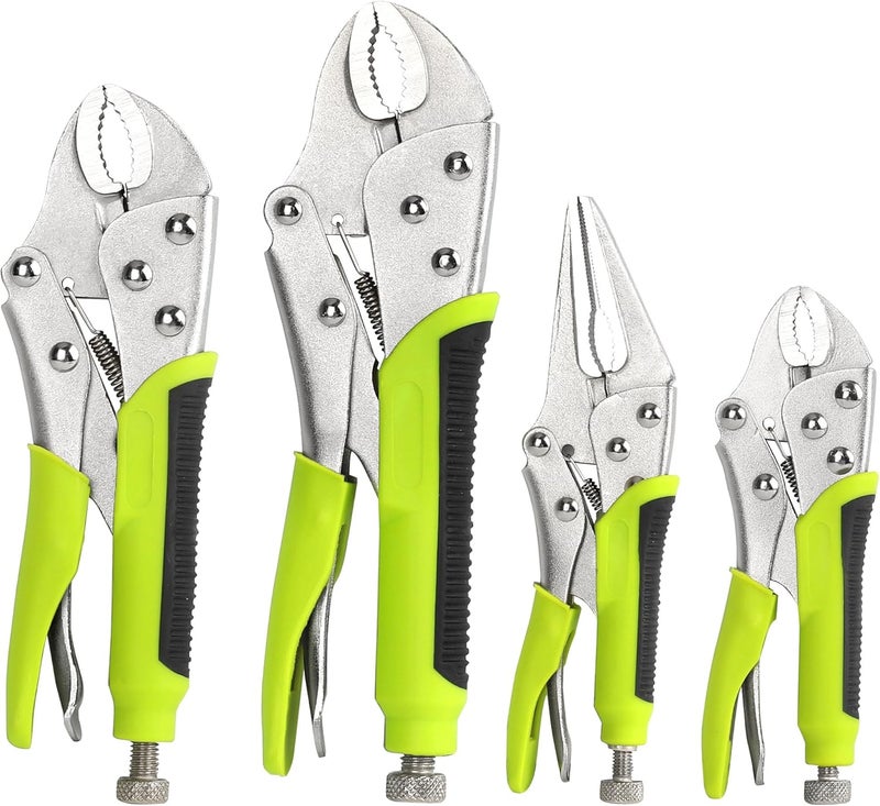 FASTPRO 4-Piece Locking Pliers Set with Heavy Duty Grip, 5", 7" and 10" Curved Jaw, 6-1/2" Long Nose Locking Pliers Included, Vise Grip Wrench Set, Green - Image 1