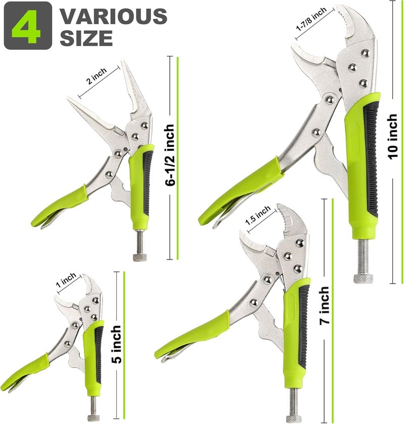 FASTPRO 4-Piece Locking Pliers Set with Heavy Duty Grip, 5", 7" and 10" Curved Jaw, 6-1/2" Long Nose Locking Pliers Included, Vise Grip Wrench Set, Green - Image 2