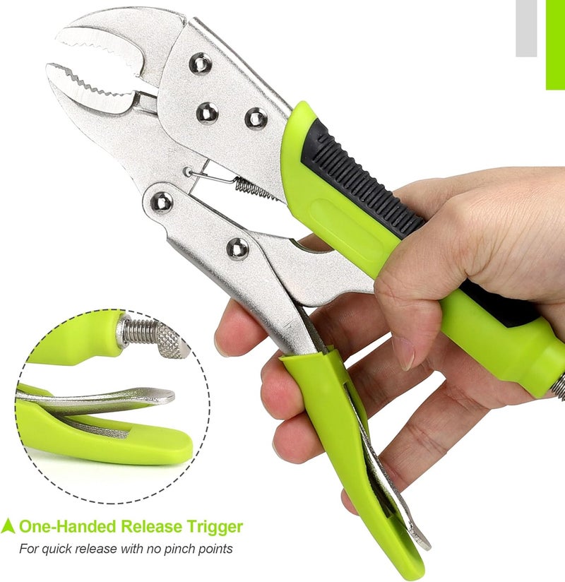 FASTPRO 4-Piece Locking Pliers Set with Heavy Duty Grip, 5", 7" and 10" Curved Jaw, 6-1/2" Long Nose Locking Pliers Included, Vise Grip Wrench Set, Green - Image 4